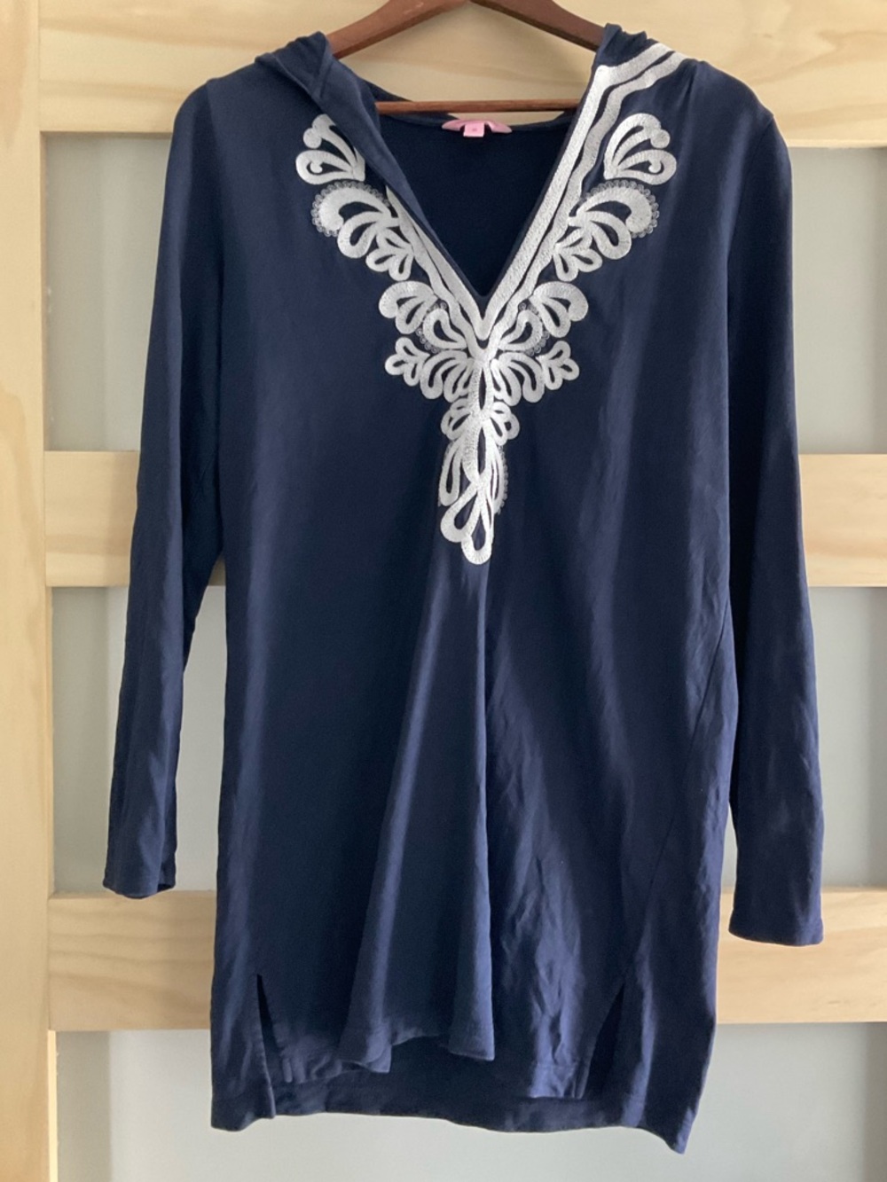 Lilly Pulitzer Navy Embroidered Hooded Terry Cover Up Dress M Swim Beach